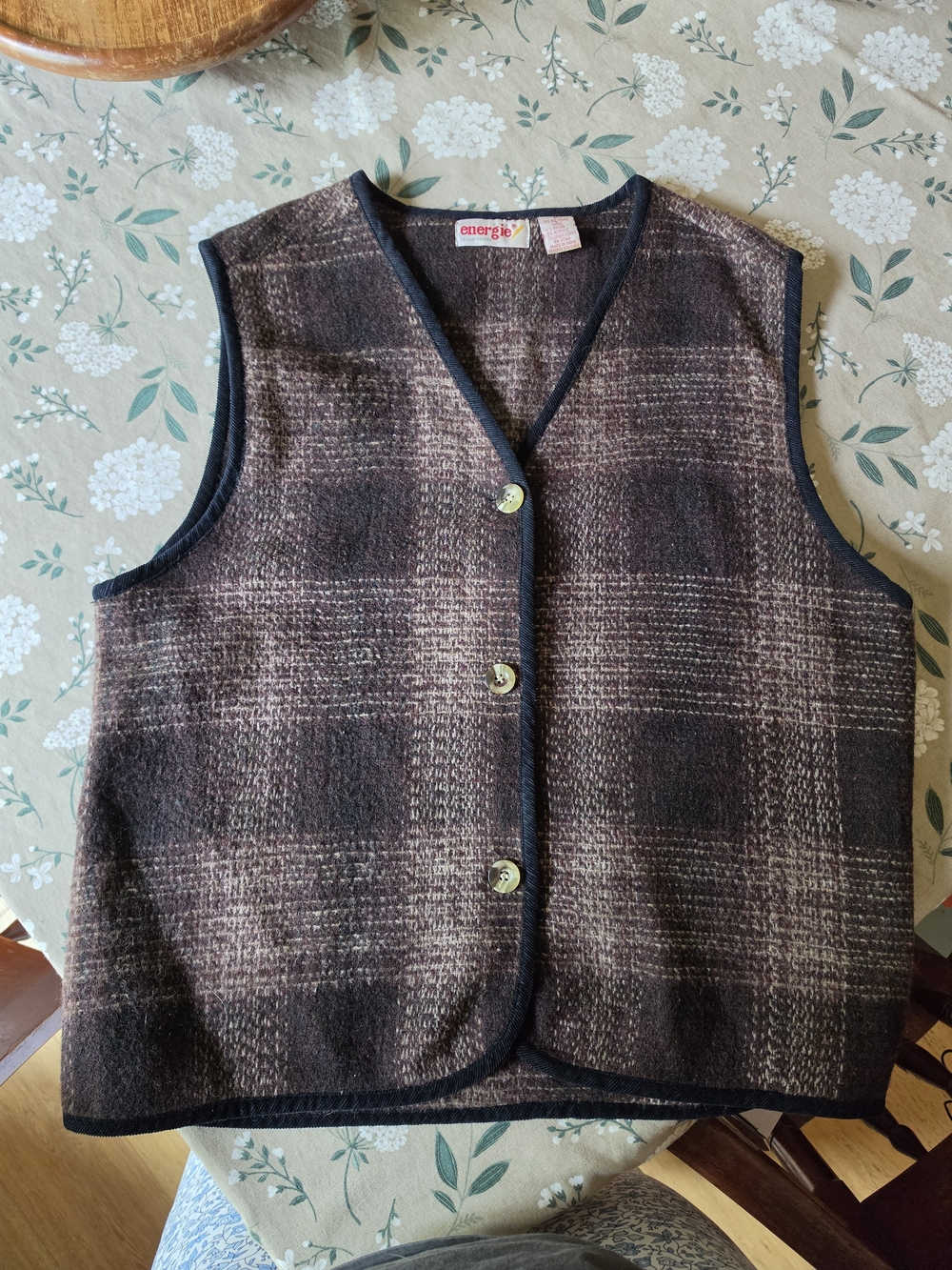 Energie Vintage Brown Plaid Wool-Blend Vest with Black Trim